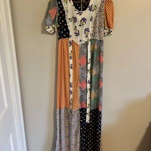 Bohemian Patchwork Maxi Tie Dress Multicolor Homemade Vintage 60s 70s Small